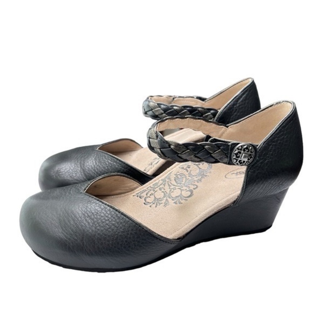 Aetrex Mia Adjustable Ankle Strap Wedge Heel Black Leather Womens 40 US 9 /  9.5